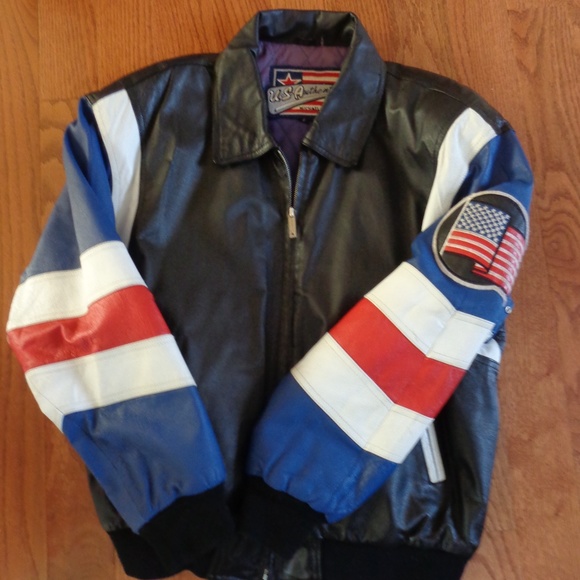 Michael Hoban Black, Blue, Red, and White Leather Jacket - Picture 1 of 7